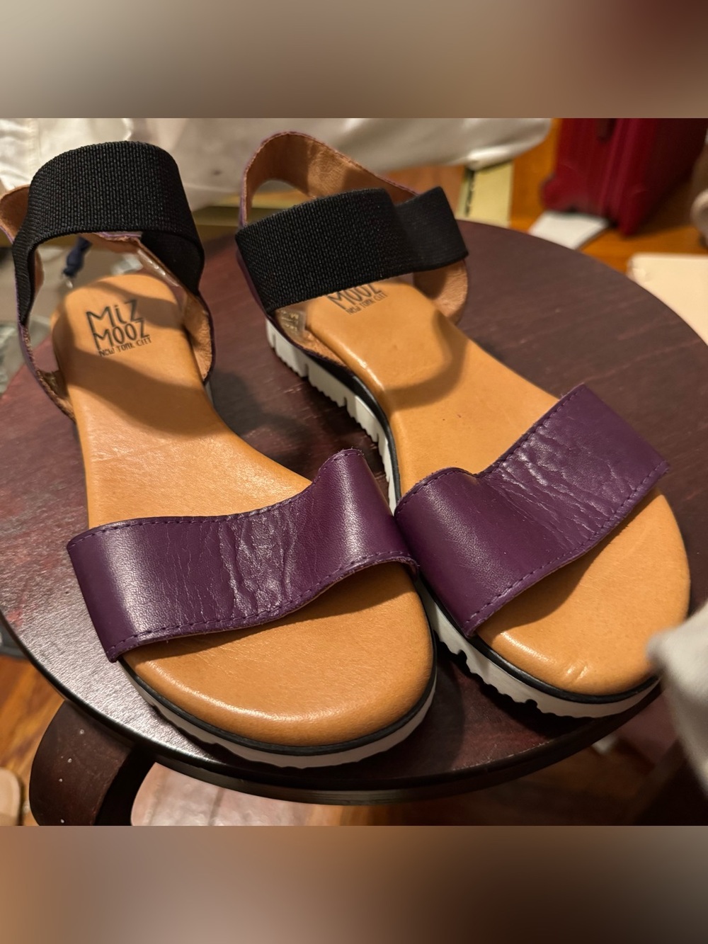 Miz Mooz Purple Leather and Black Elastic Platform Sandals